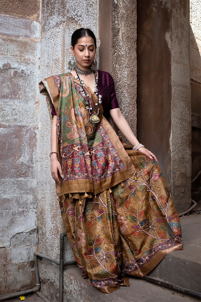 Buy Mustard Tussar Silk Saree Online