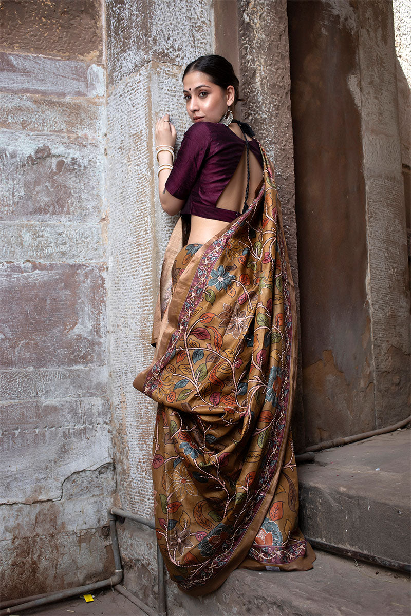 Mustard Embellished Kalamkari Tussar Silk Saree