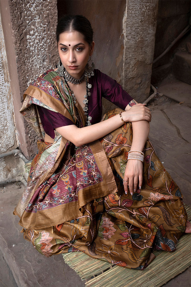 Mustard saree, Tussar silk saree, handloom saree, party wear saree, Wedding Saree