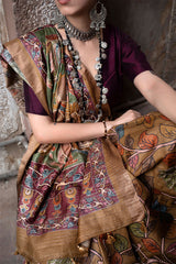 Mustard Embellished Kalamkari Tussar Silk Saree