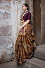 Mustard Embellished Kalamkari Tussar Silk Saree