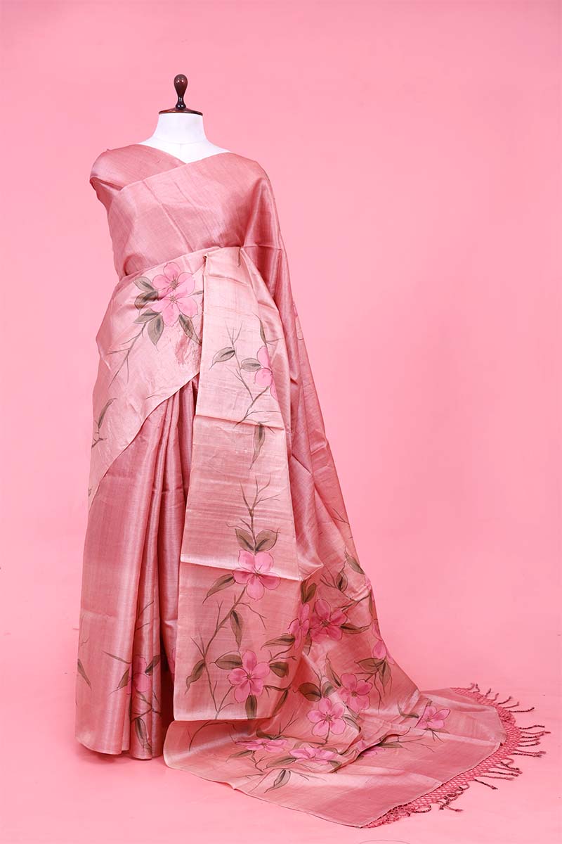 Pink saree, Tussar silk saree, handloom saree, party wear saree, Wedding Saree