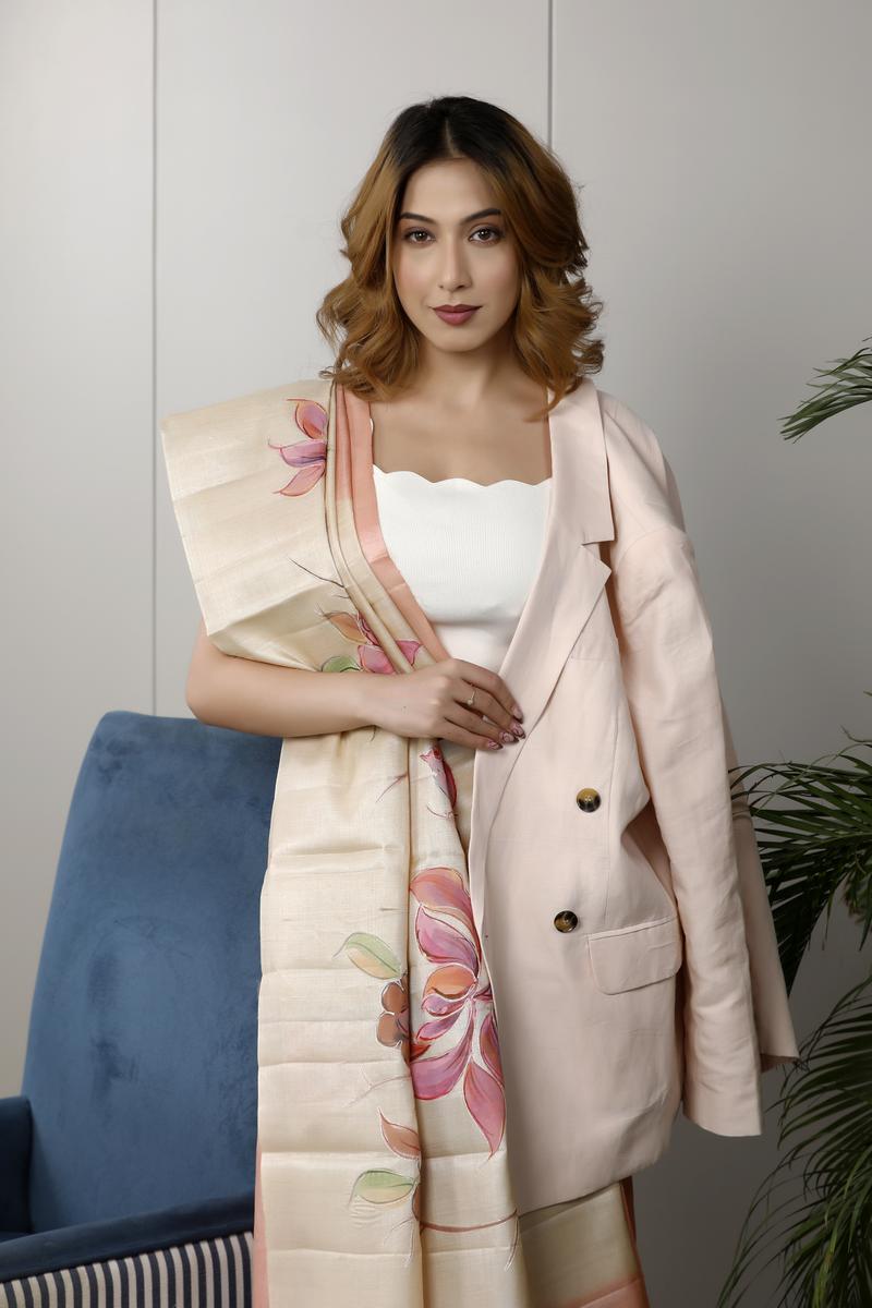 Beige and Peach Office Wear Saree with Floral Hand Work
