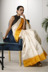 Almond White Tussar Silk Saree – Office Wear