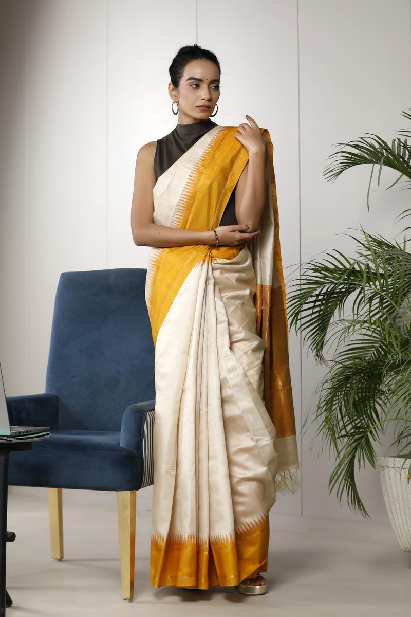 Almond White Tussar Silk Saree – Office Wear