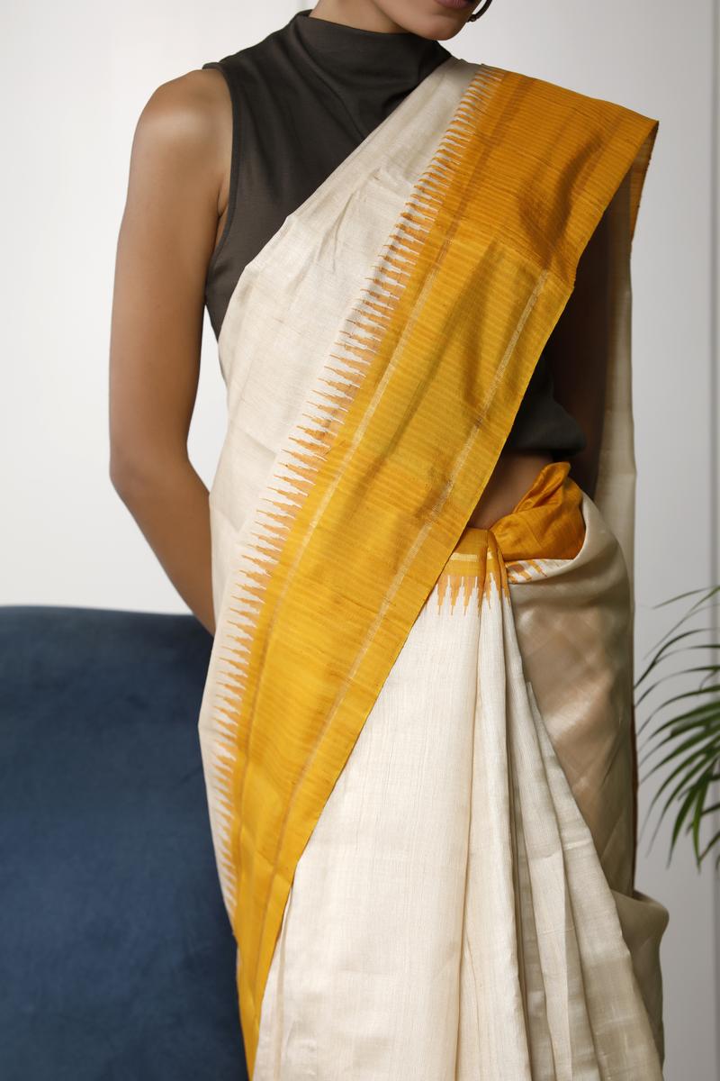 Almond White Tussar Silk Saree – Office Wear
