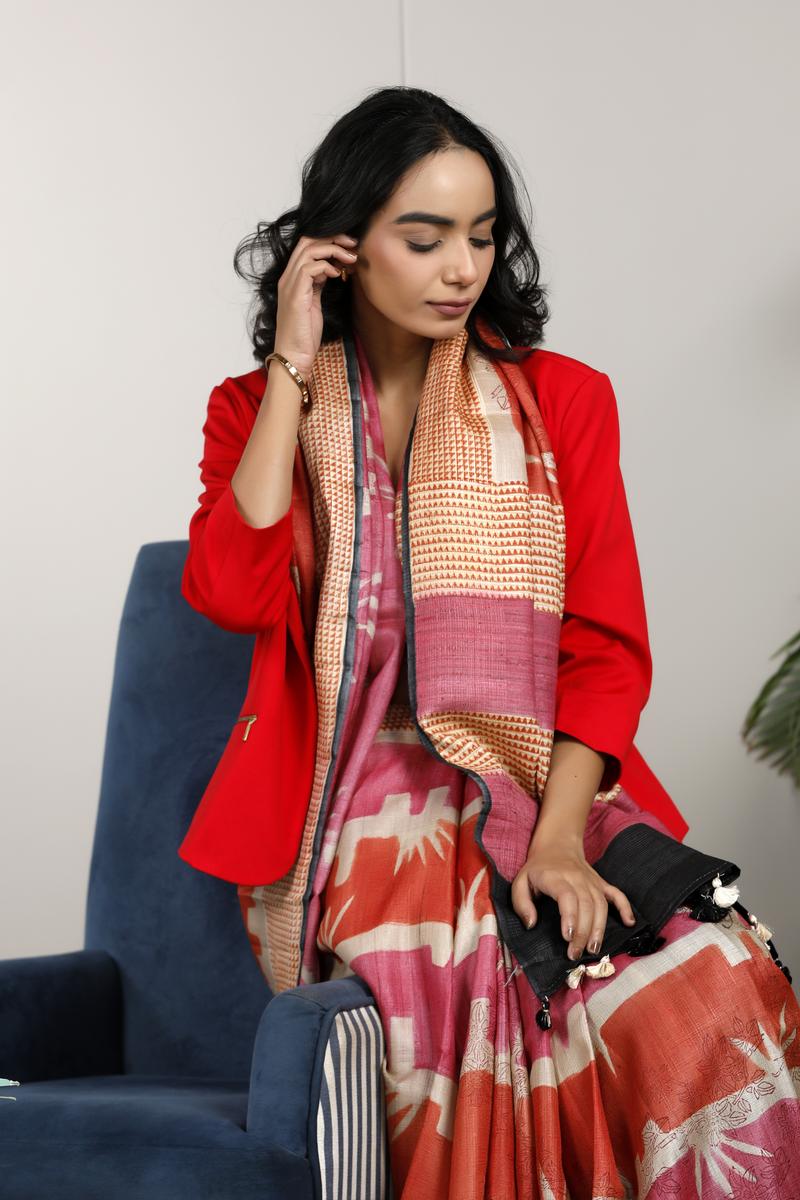 Rust Red Tussar Silk Office Wear Saree with Abstract Prints