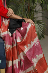 Rust Red Tussar Silk Office Wear Saree with Abstract Prints
