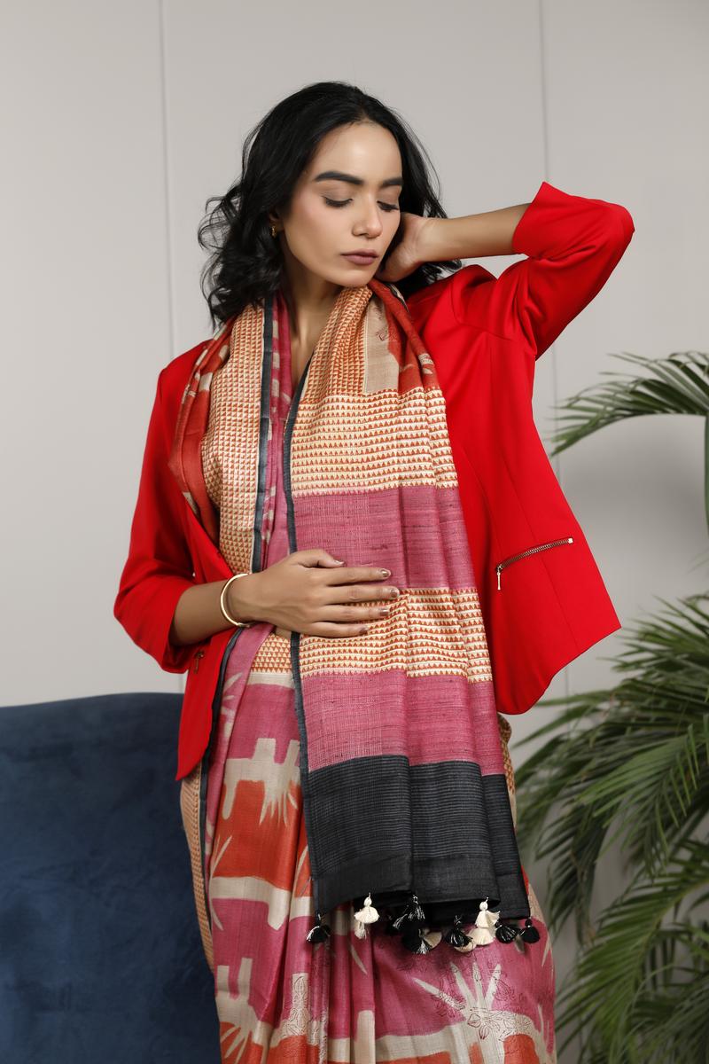 Rust Red Tussar Silk Office Wear Saree with Abstract Prints