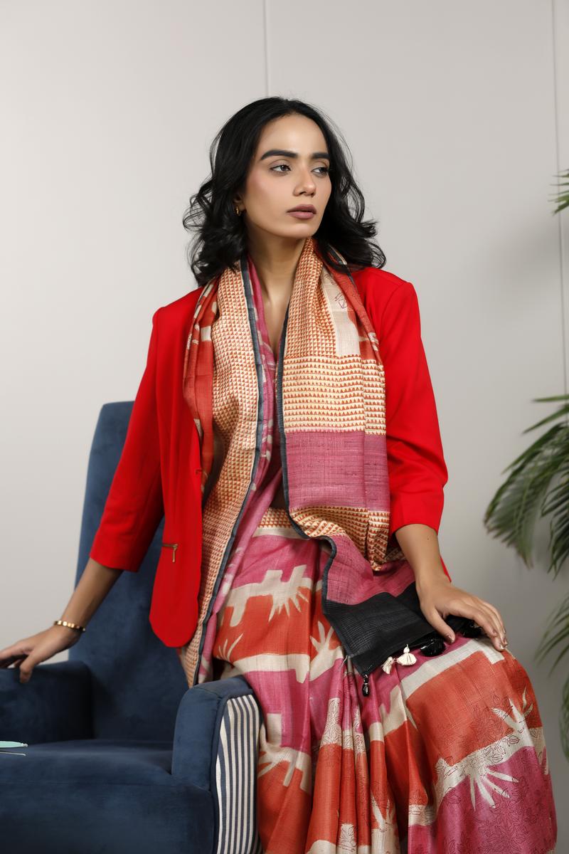 Rust Red Tussar Silk Office Wear Saree with Abstract Prints
