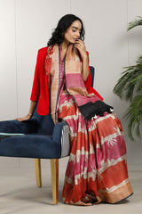 Rust Red Tussar Silk Office Wear Saree with Abstract Prints