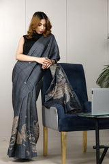 Grey saree, Tussar silk saree, handloom saree, office wear saree, formal wear saree