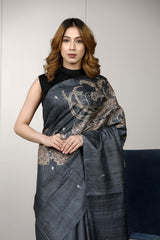 Grey saree, Tussar silk saree, handloom saree, office wear saree, formal wear saree