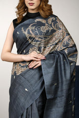 Grey saree, Tussar silk saree, handloom saree, office wear saree, formal wear saree