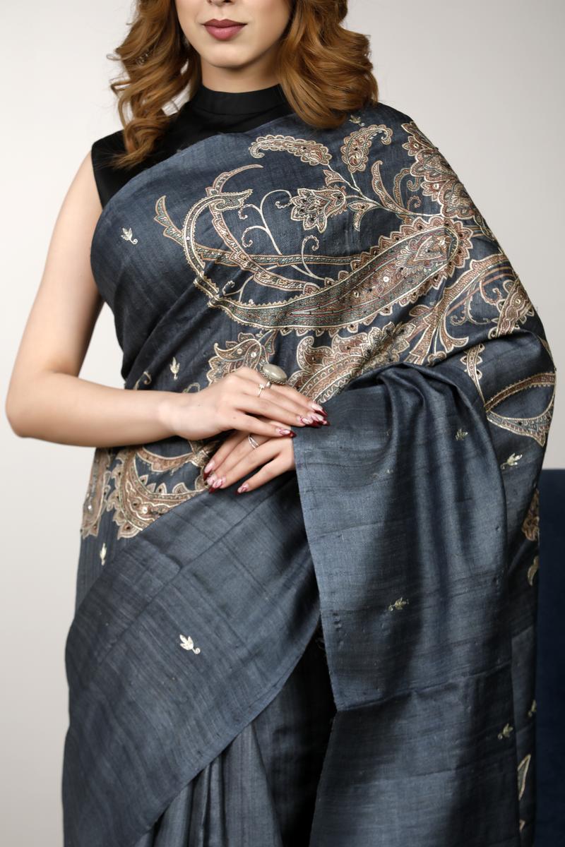 Grey saree, Tussar silk saree, handloom saree, office wear saree, formal wear saree