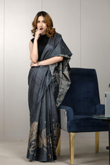 Grey saree, Tussar silk saree, handloom saree, office wear saree, formal wear saree
