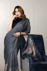 Grey saree, Tussar silk saree, handloom saree, office wear saree, formal wear saree