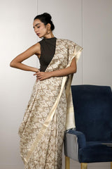 Beige Munga Silk Office Wear Saree with Ikkat Prints