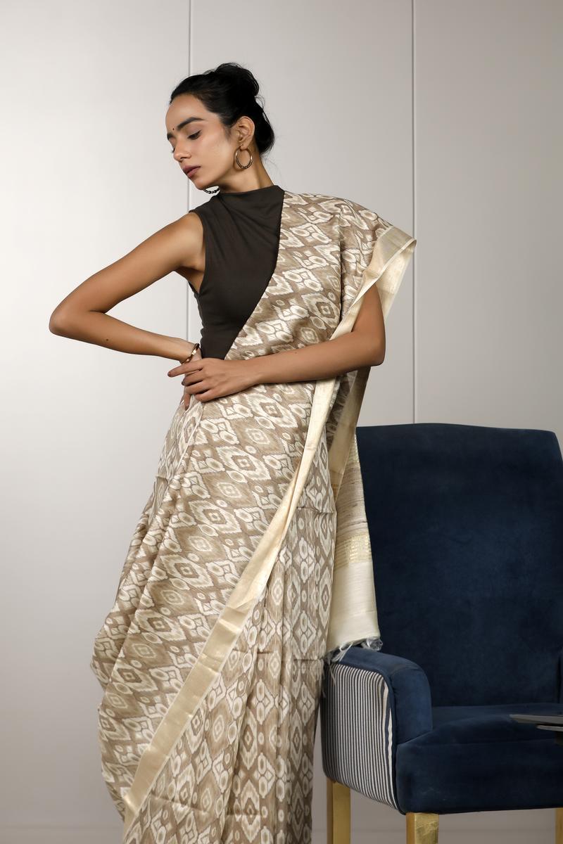 Beige Munga Silk Office Wear Saree with Ikkat Prints