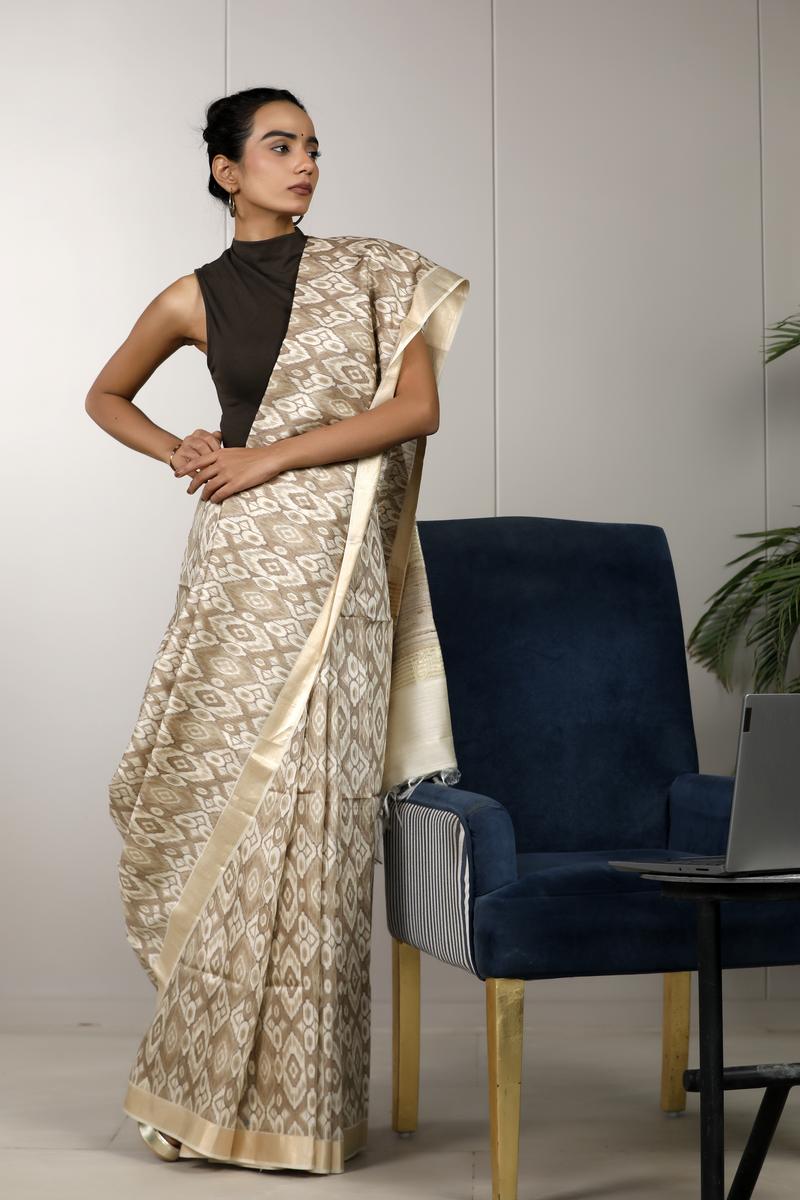 Beige Munga Silk Office Wear Saree with Ikkat Prints