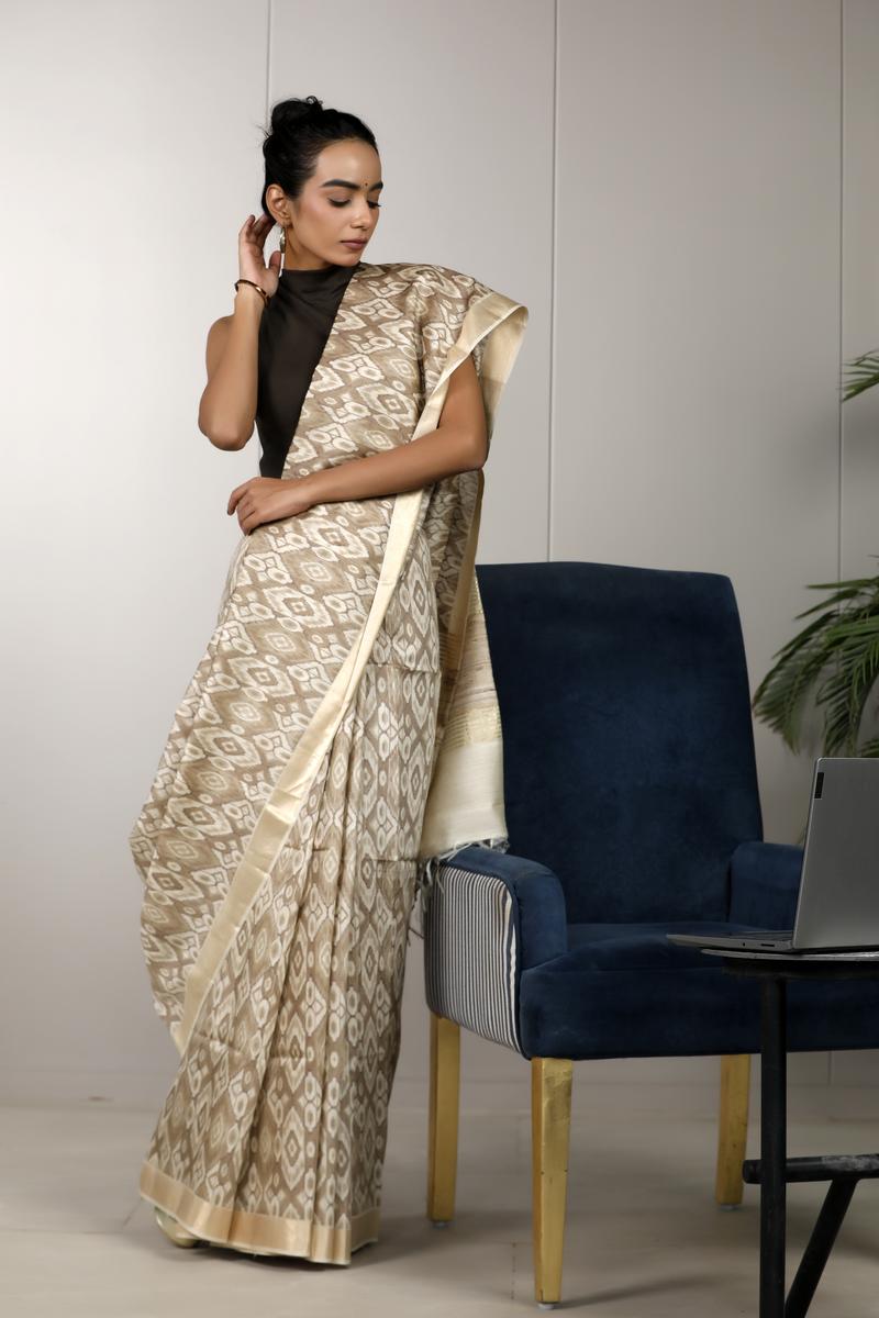 Beige Munga Silk Office Wear Saree with Ikkat Prints