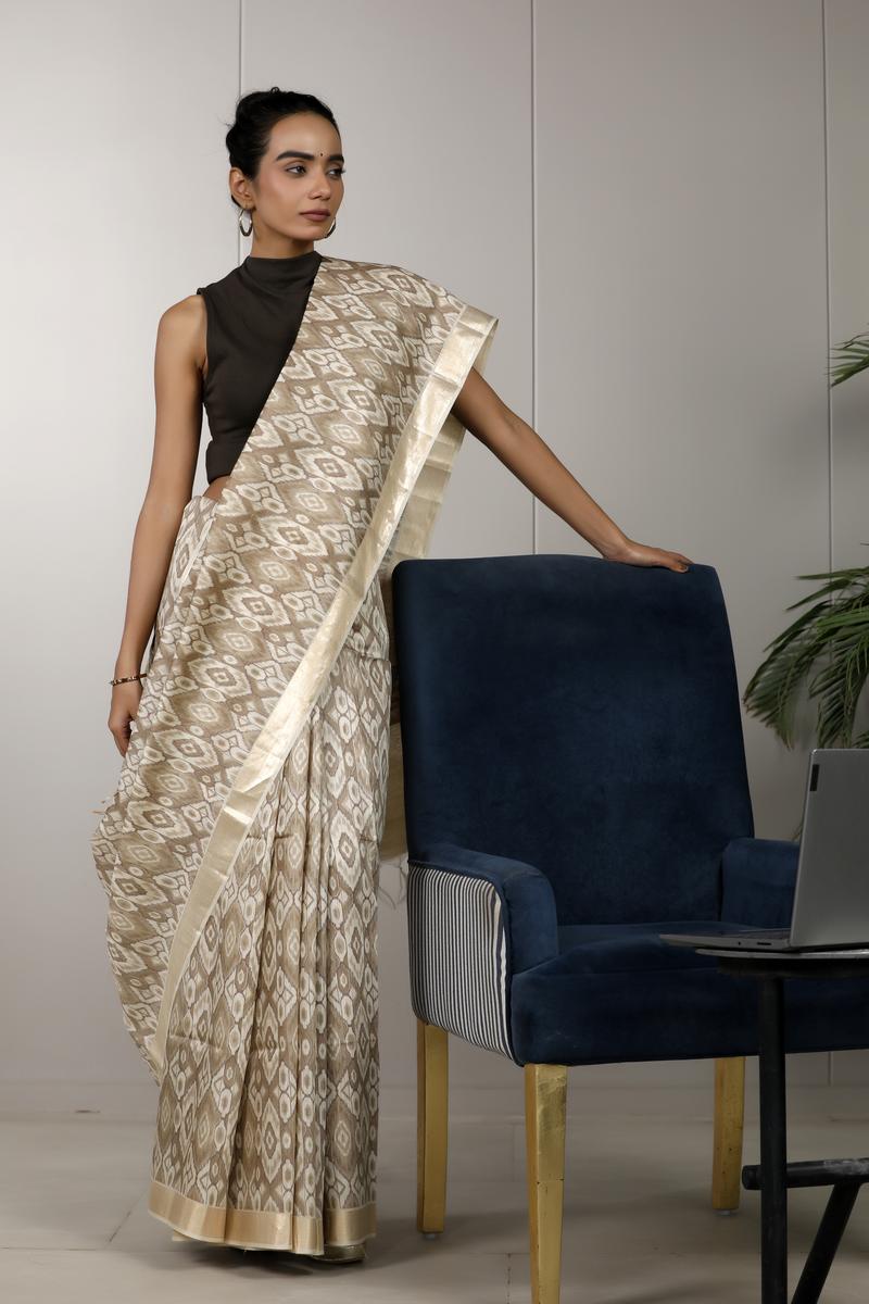 Beige saree, Tussar silk saree, handloom saree, party wear saree, Wedding Saree