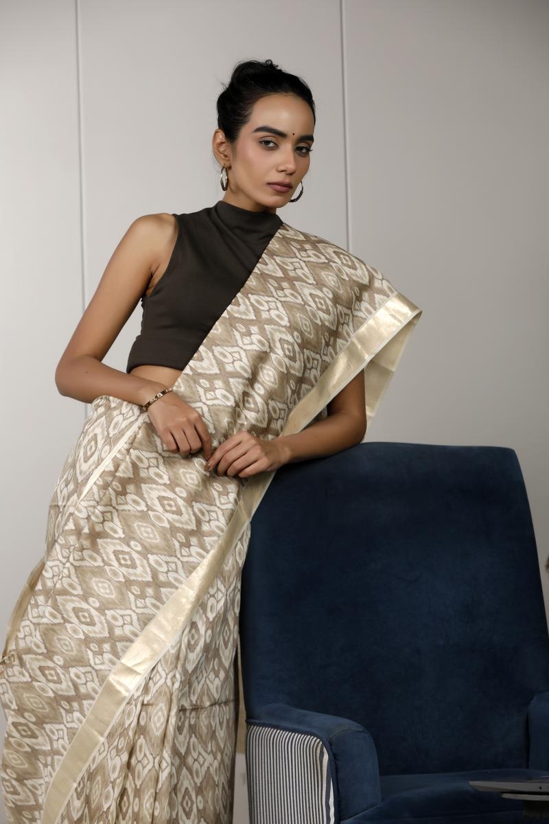Beige Munga Silk Office Wear Saree with Ikkat Prints
