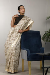 Beige Munga Silk Office Wear Saree with Ikkat Prints
