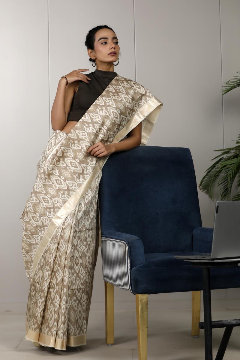 Beige Munga Silk Office Wear Saree with Ikkat Prints