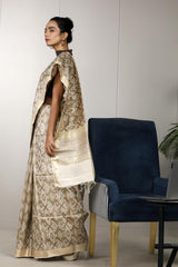 Beige Munga Silk Office Wear Saree with Ikkat Prints