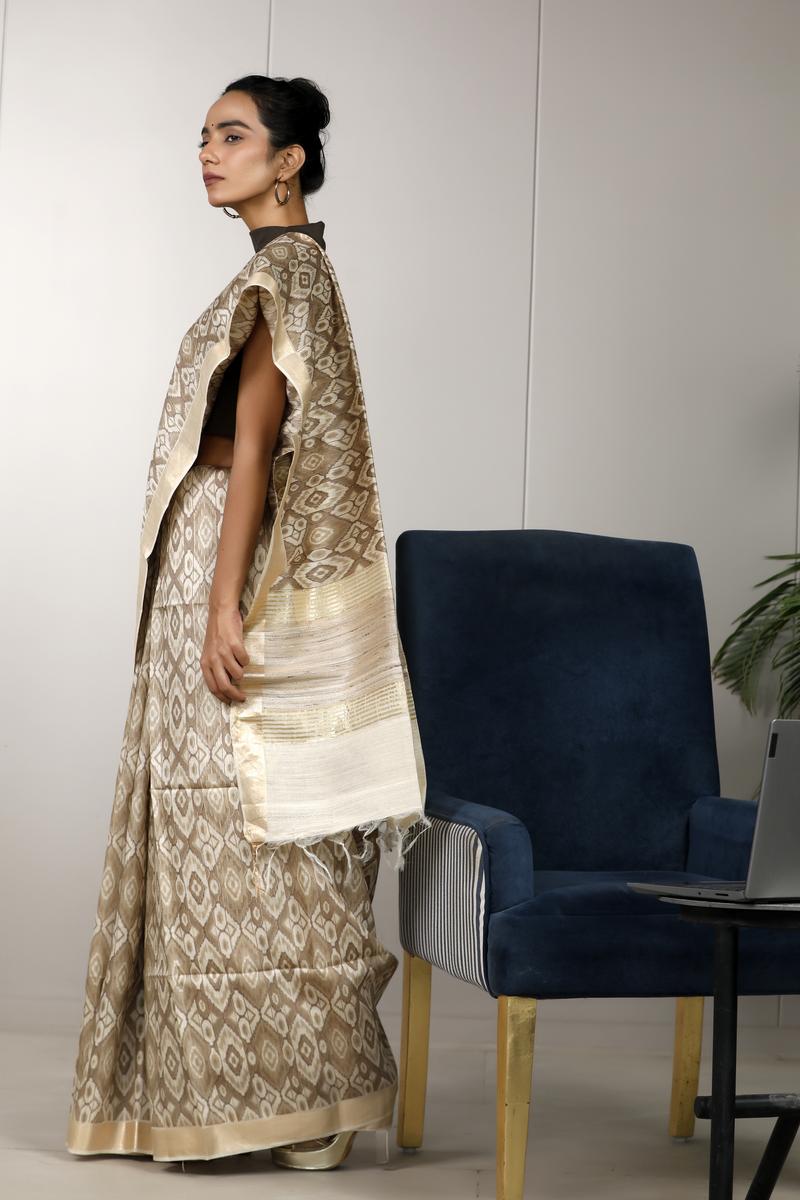 Beige Munga Silk Office Wear Saree with Ikkat Prints