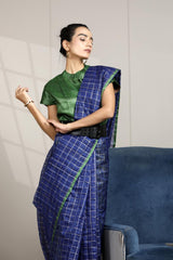 Royal Blue Banarasi Cotton Saree with Zari Checks