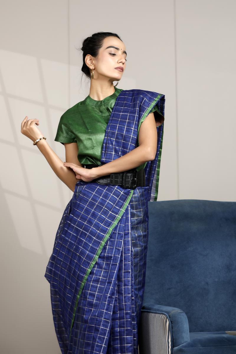 Royal Blue Banarasi Cotton Saree with Zari Checks