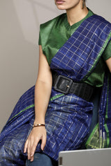 Royal Blue Banarasi Cotton Saree with Zari Checks
