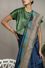 Blue Pure Tussar Silk Saree with Antique Zari Border