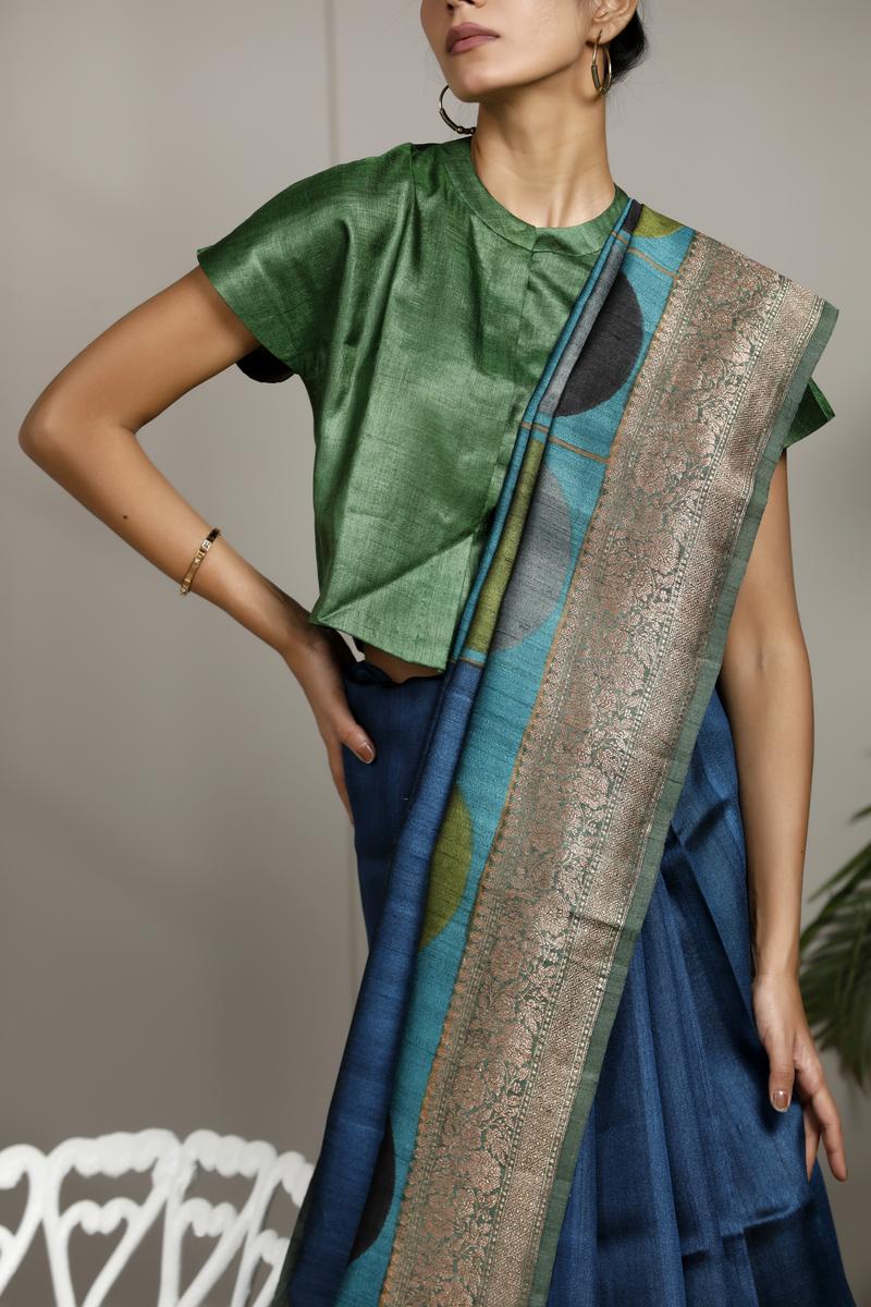 Blue Pure Tussar Silk Saree with Antique Zari Border