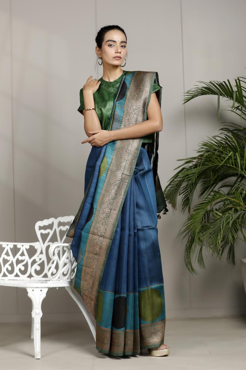 Blue Pure Tussar Silk Saree with Antique Zari Border