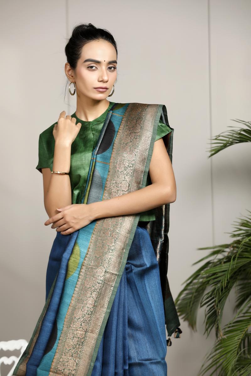 Blue saree, Tussar silk saree, handloom saree, office wear saree, formal wear Saree, Saree draping style tips 