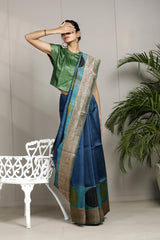 Blue Pure Tussar Silk Saree with Antique Zari Border