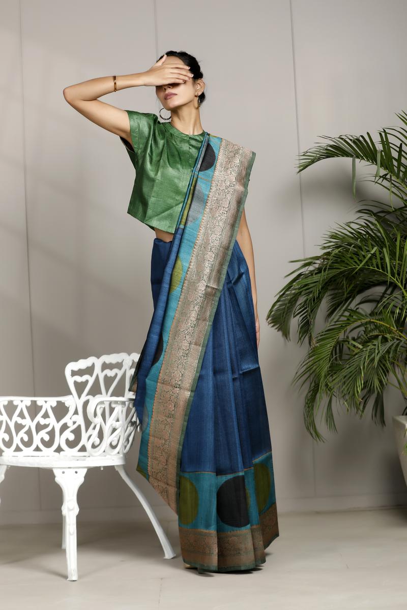 Blue Pure Tussar Silk Saree with Antique Zari Border