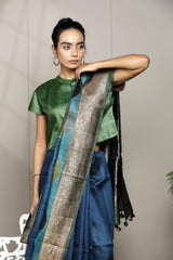 Blue Pure Tussar Silk Saree with Antique Zari Border