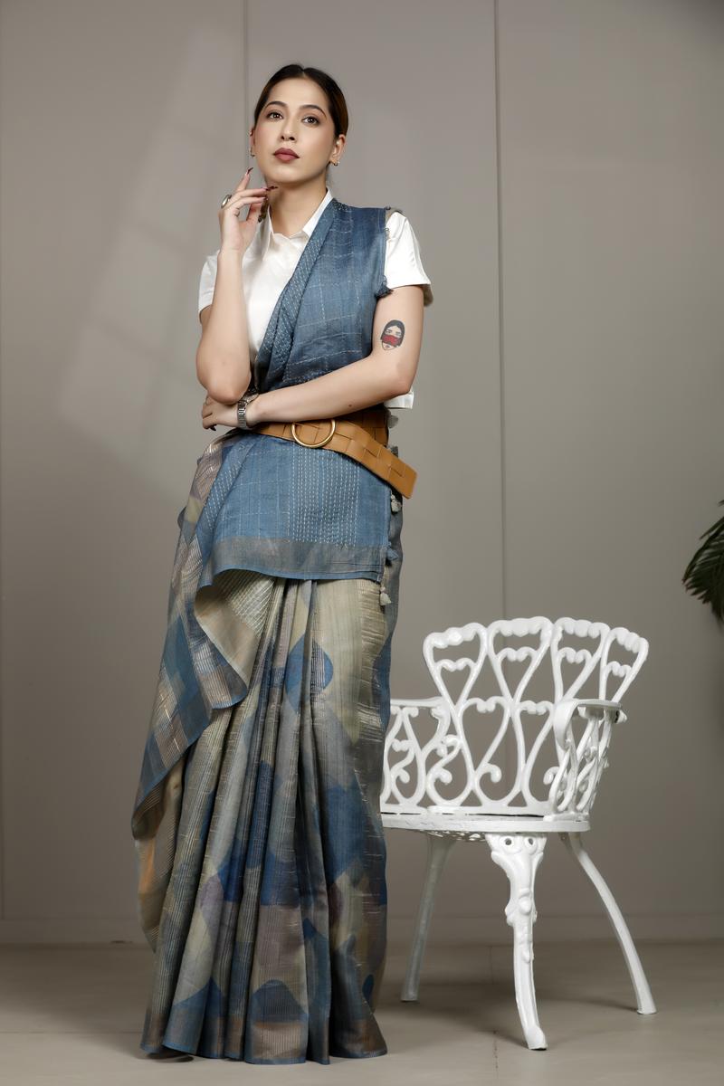 Steel Blue Tussar Silk Office Wear Saree with Abstract Prints