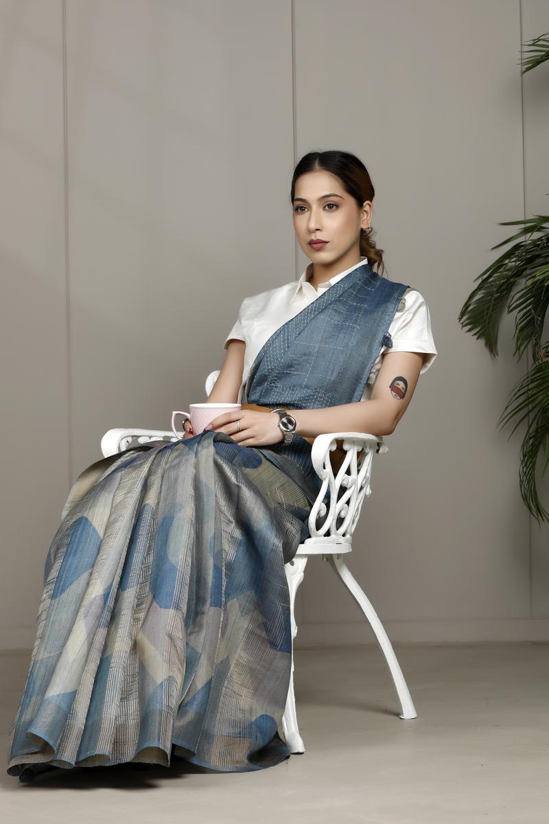 Steel Blue Tussar Silk Office Wear Saree with Abstract Prints