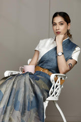 Steel Blue Tussar Silk Office Wear Saree with Abstract Prints