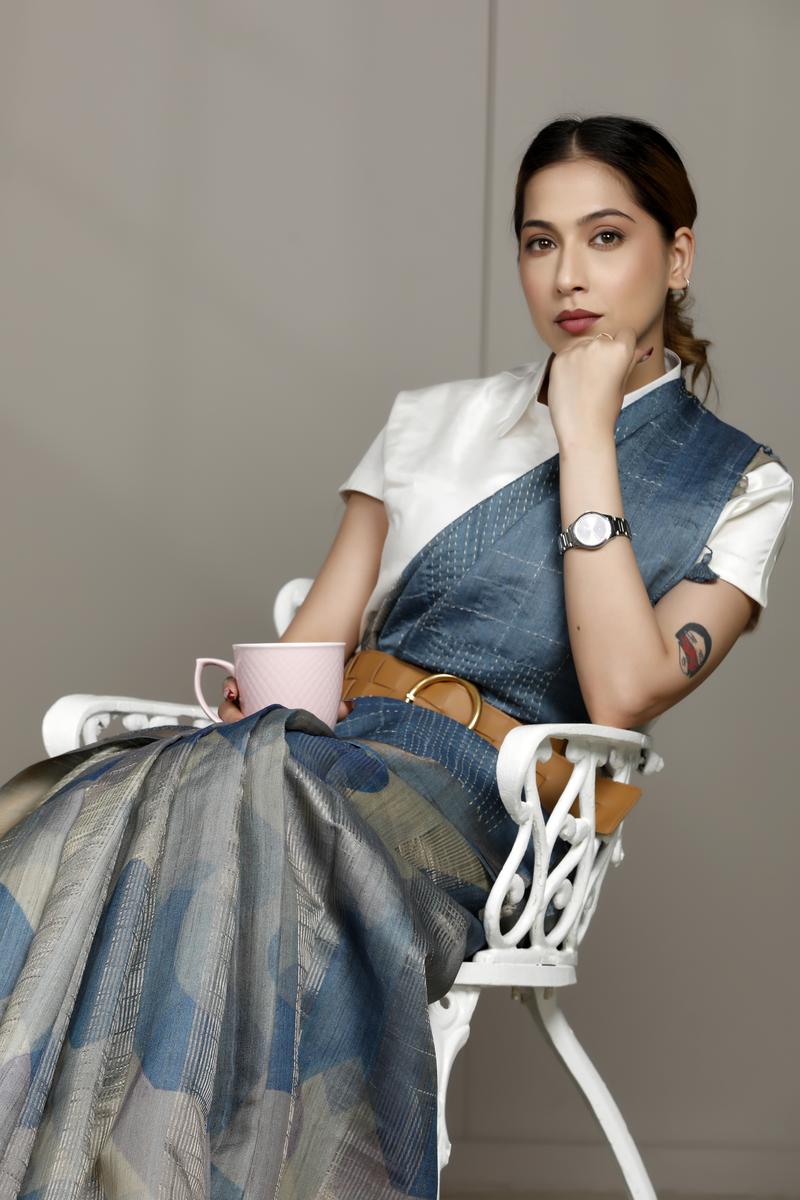 Steel Blue Tussar Silk Office Wear Saree with Abstract Prints