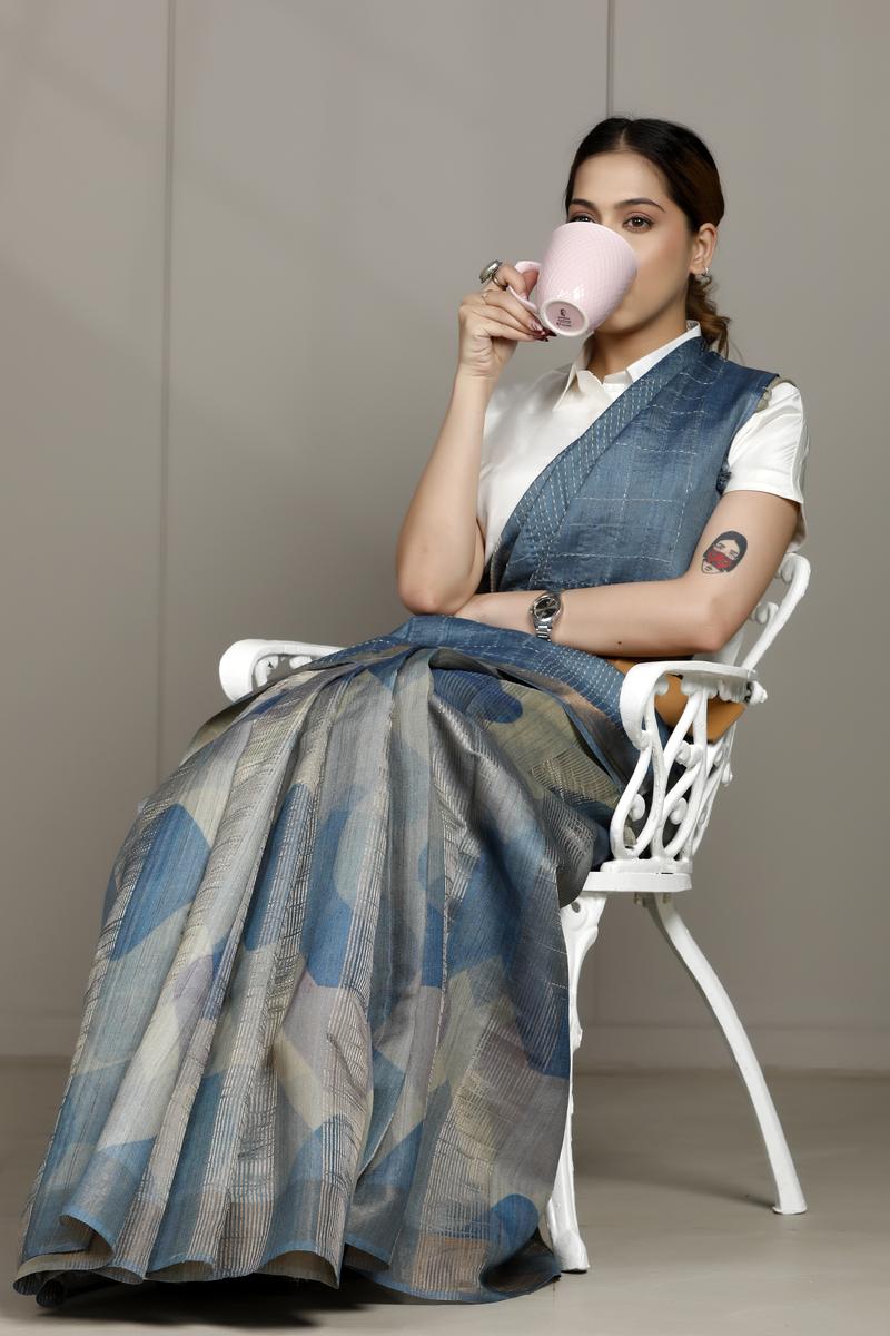 Steel Blue Tussar Silk Office Wear Saree with Abstract Prints