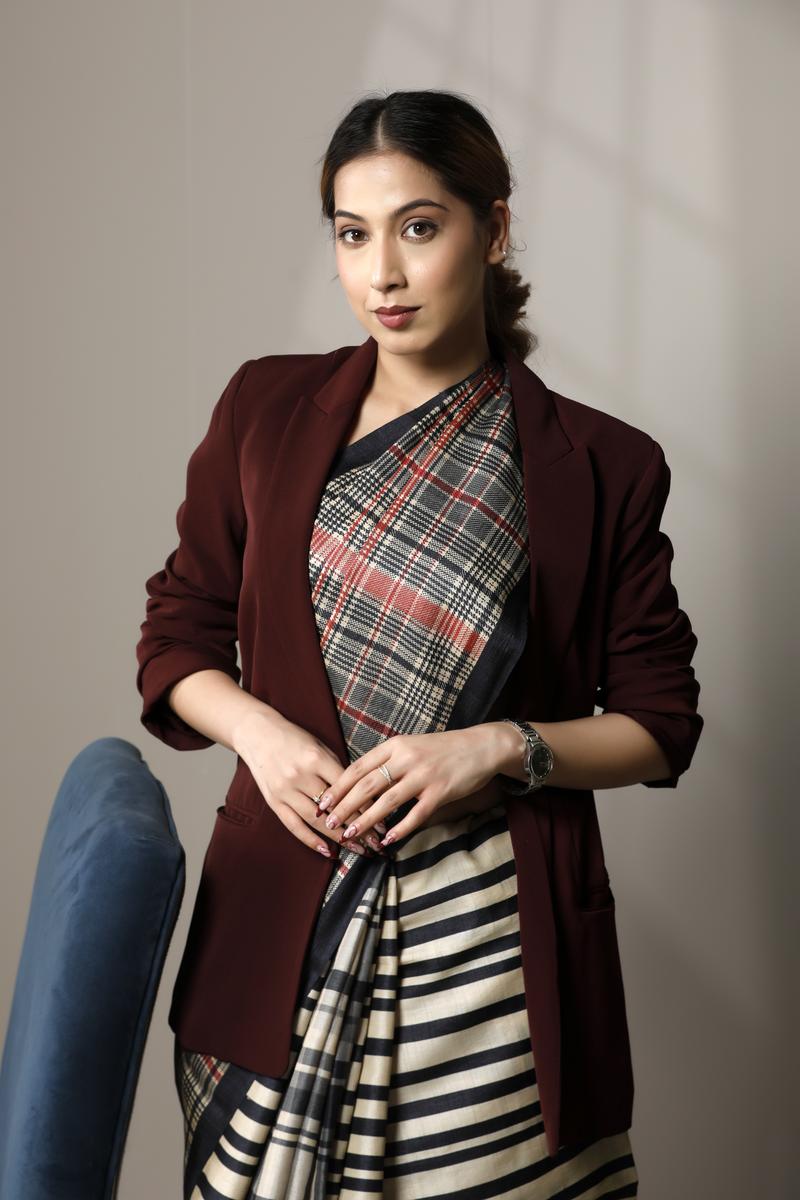 Black Tussar Silk Saree with Checkered Stripe Prints
