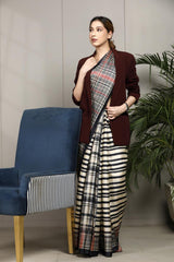 Black Tussar Silk Saree with Checkered Stripe Prints