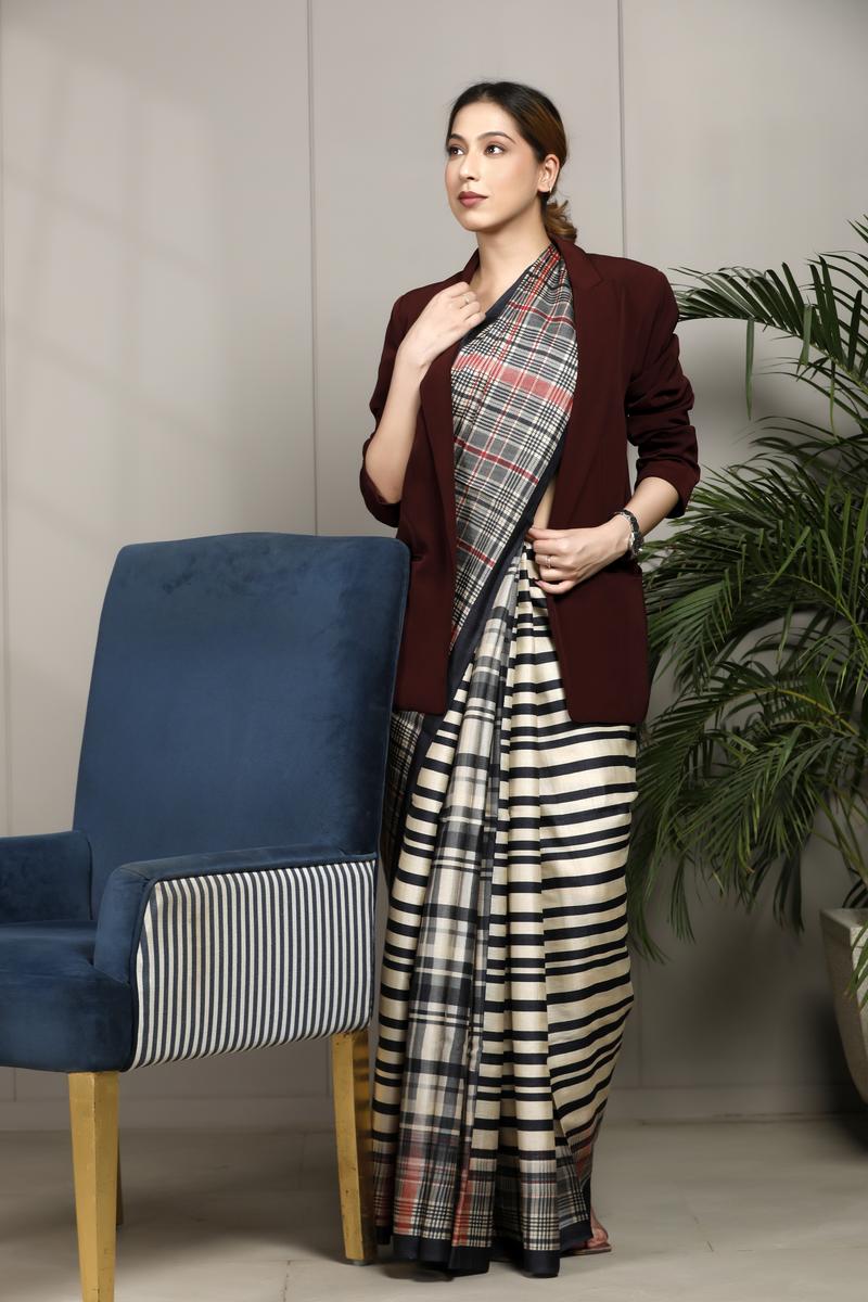 Black Tussar Silk Saree with Checkered Stripe Prints