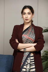 Black Tussar Silk Saree with Checkered Stripe Prints